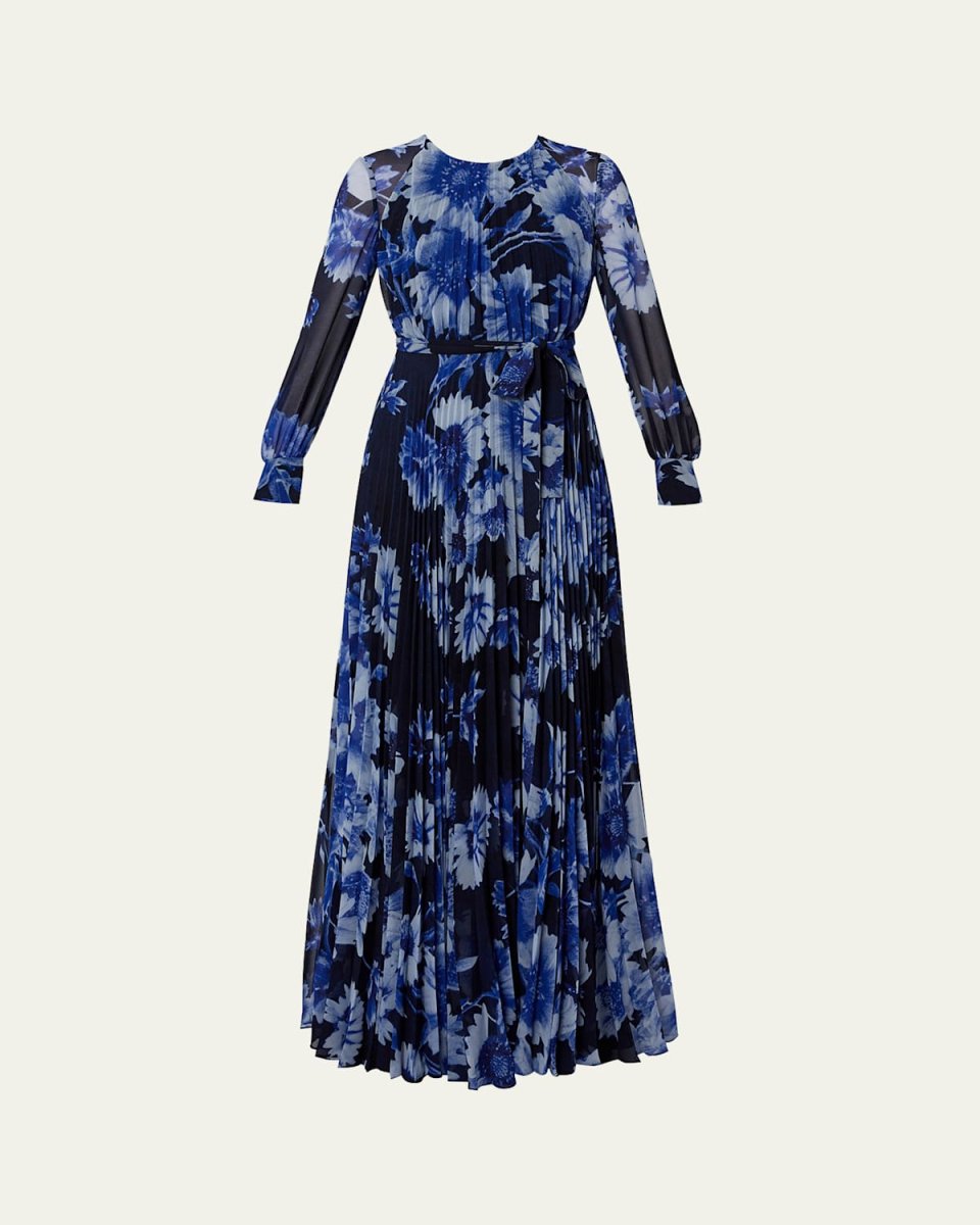 Floral Pleated Long Sleeve Gown